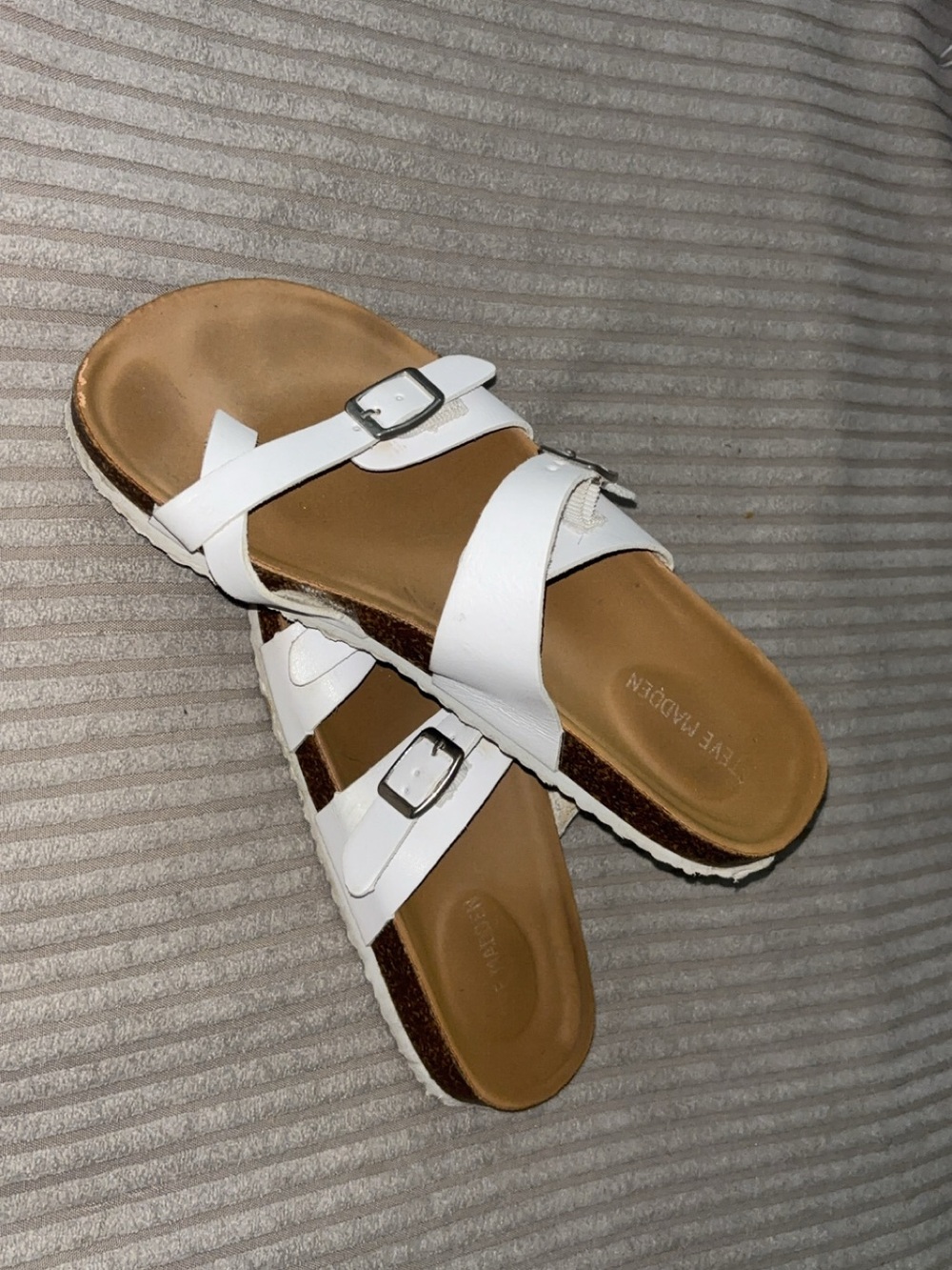 Steve Madden White Buckle Cross-Strap Slide Sandals